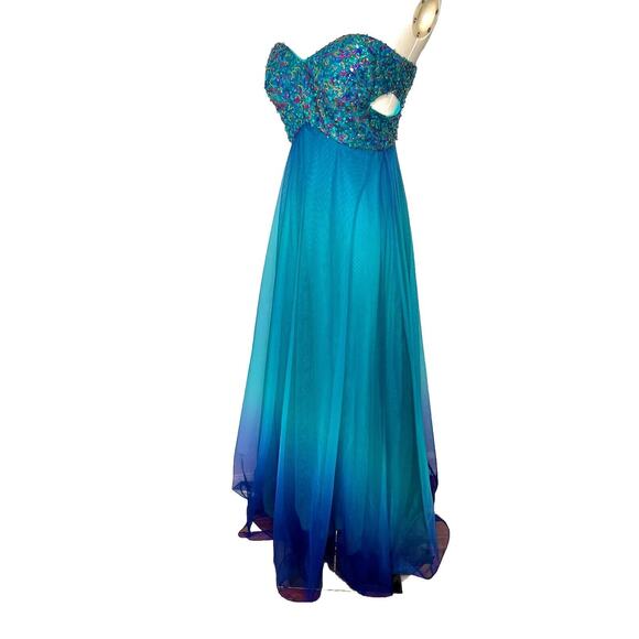 VTG‎ Mermaidcore Strapless Formal Ombré Dress Purple Turquoise Sequins Cut Outs